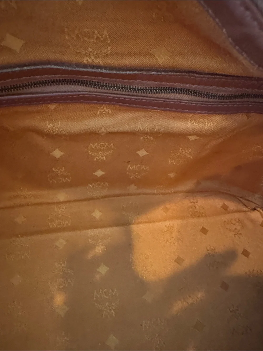 MCM Cognac Monogram Satchel with Dark Brown Handles and Gold Hardware